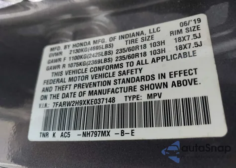 2019 Honda Cr-V Touring from USA, damaged, VIN 7FARW2H9XKE037148